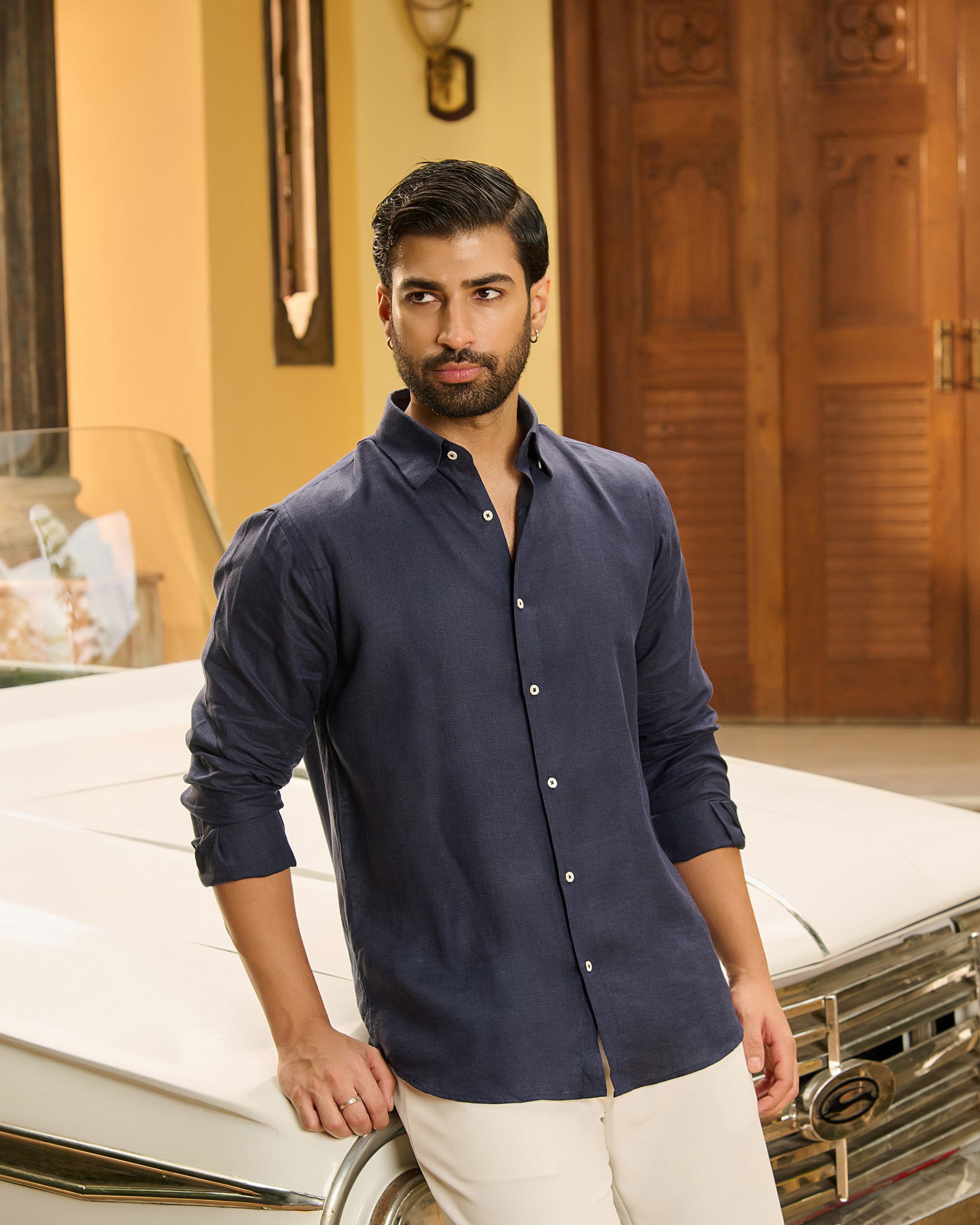 Linen Shirt Navy Color Shirt Spykar Men Navy Blue Linen Regular