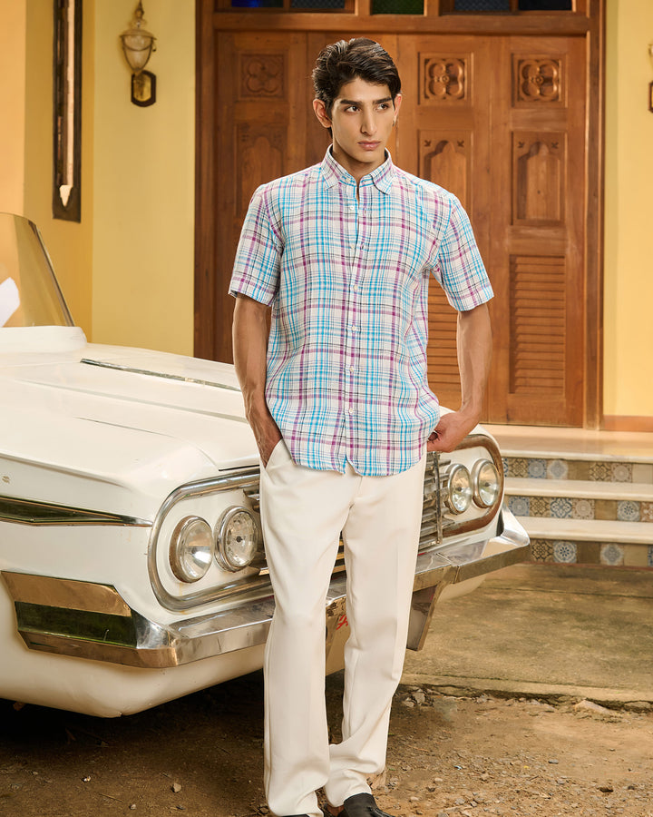 Blue Check Shirt - 100% Linen