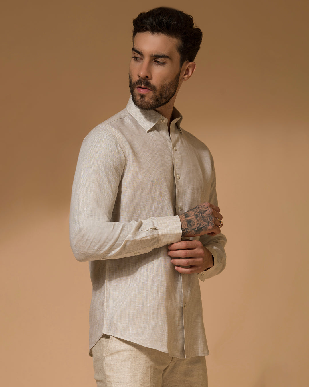 100% LINEN - SHIRT - BEIGE SMALL CHECK