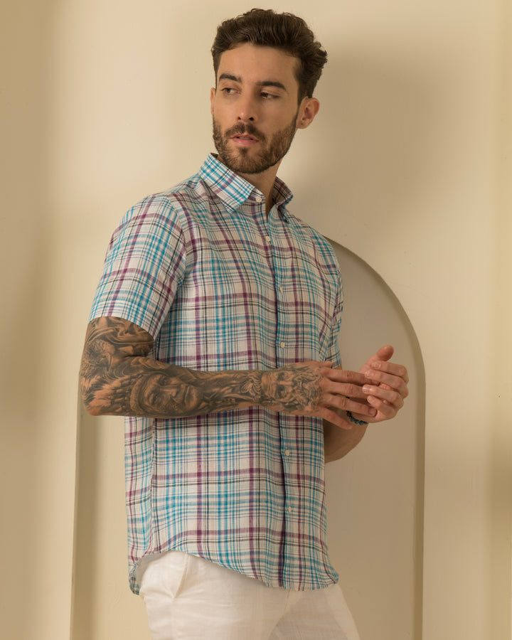 Blue Check Shirt - 100% Linen