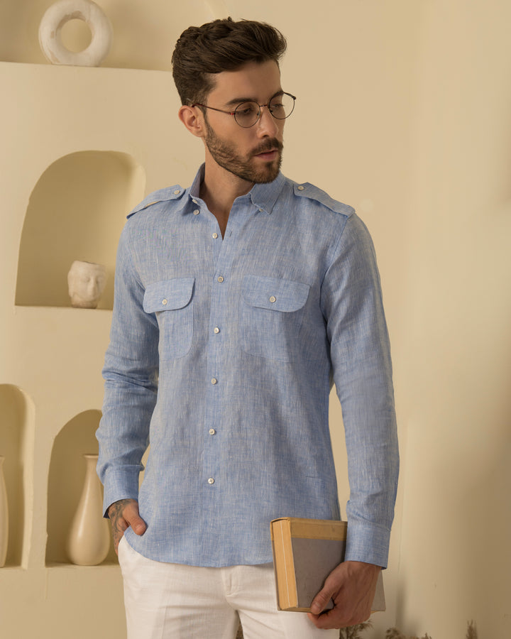 Melange Blue Shirt - 100% Linen