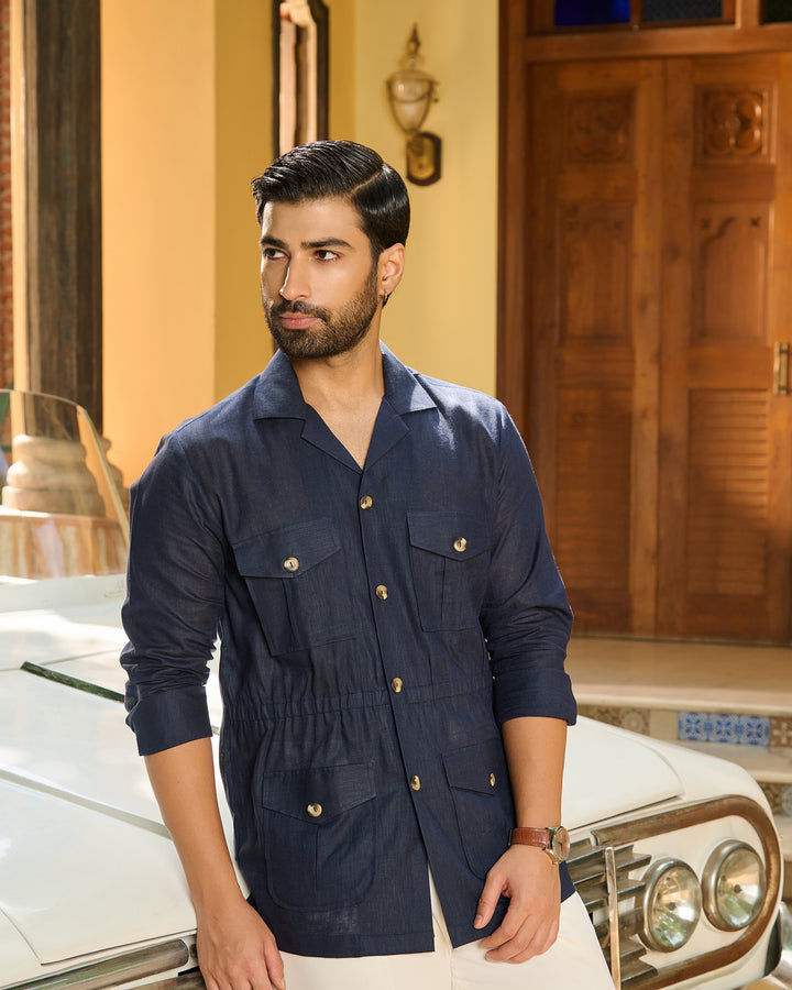 Navy Linen Safari Over Shirt