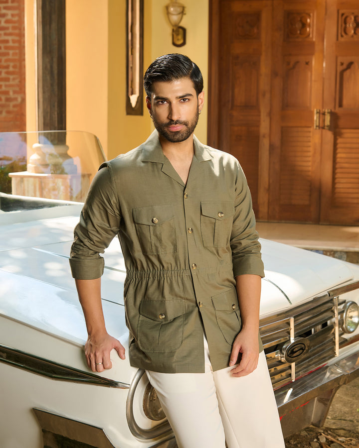 Olive Linen Safari Over Shirt