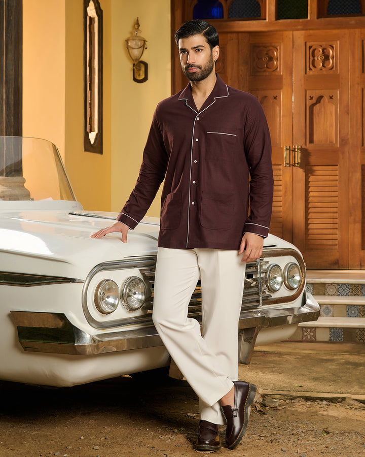 Maroon Country Piping Linen Shirt