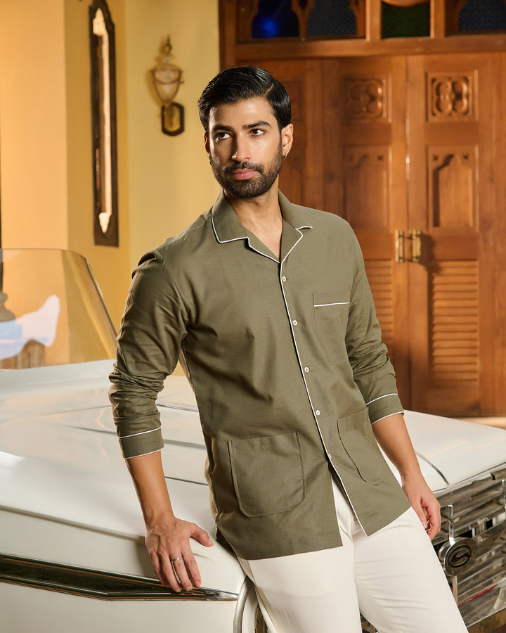 Olive Country Piping Linen Shirt