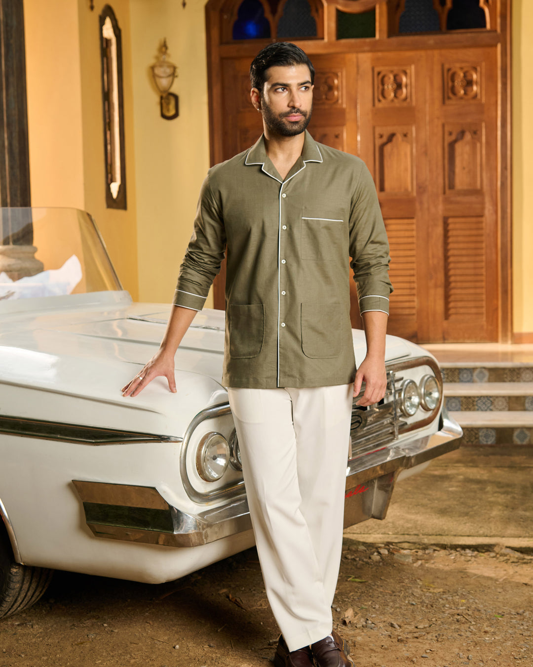 Olive Country Piping Linen Shirt