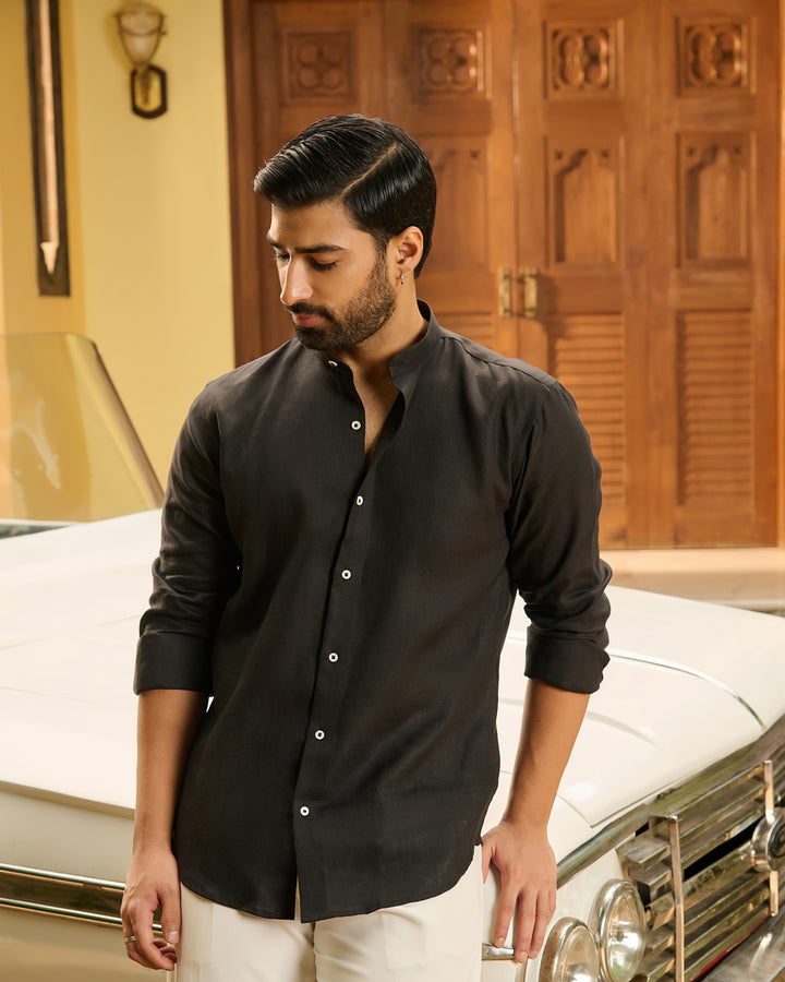 Black Mandarin Shirt - 100% Linen