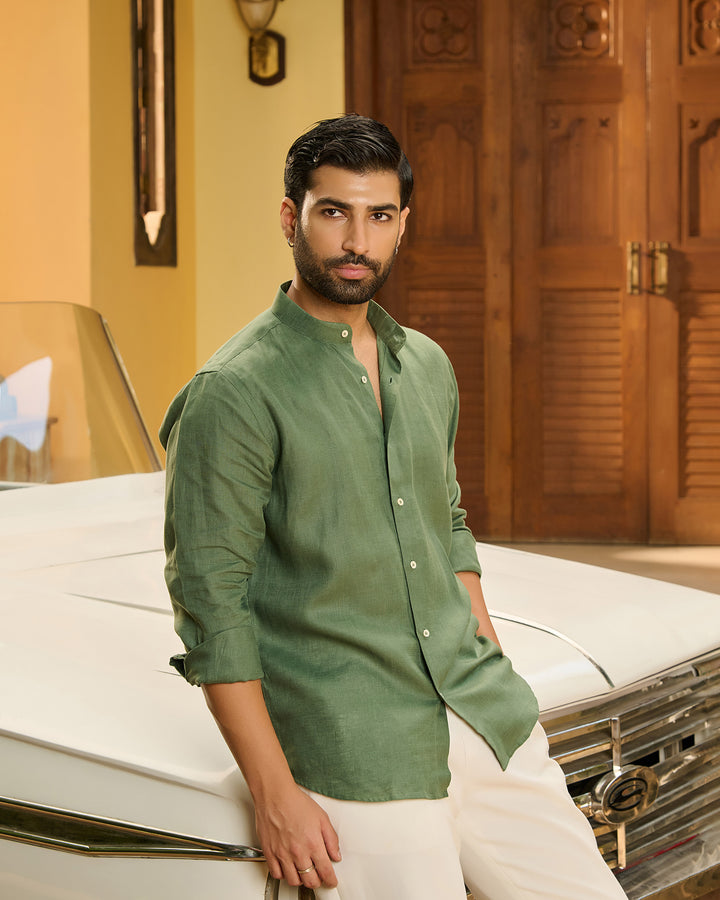 Olive Mandarin Shirt - 100% Linen