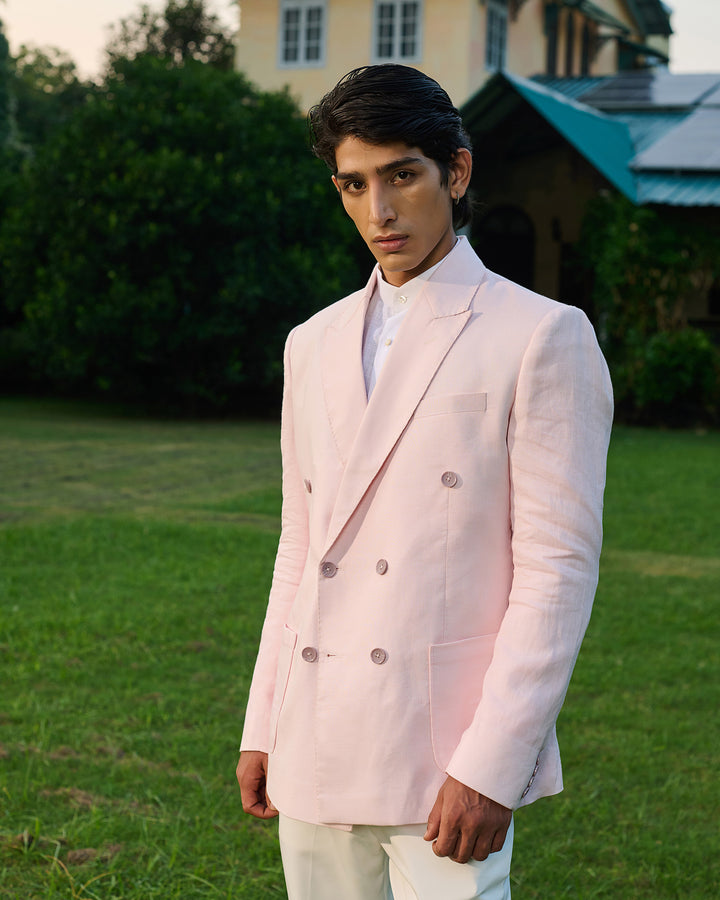 Pink Double Breasted Linen Blazer