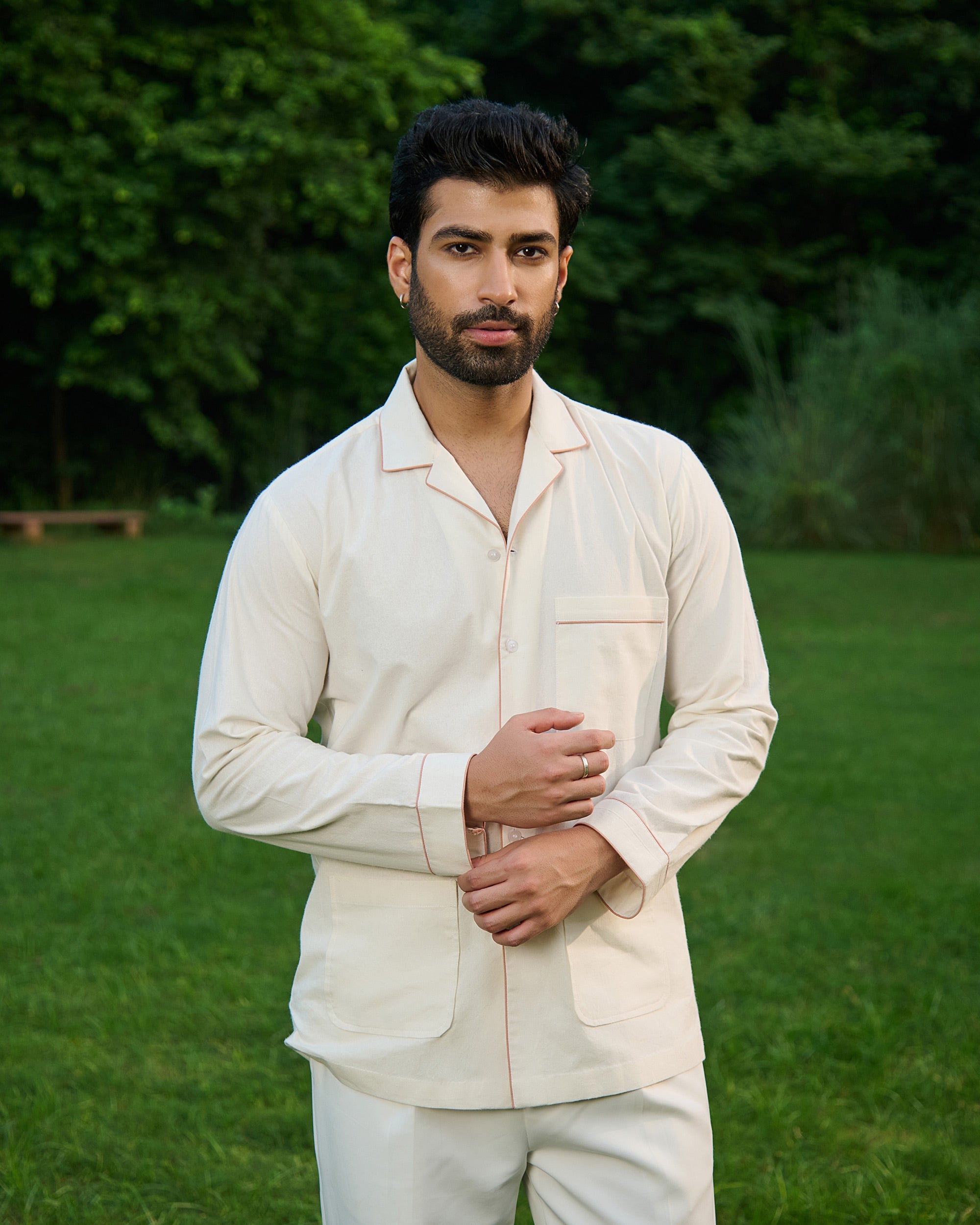 ヘヨン　sheer piping shirt / white Sustainable Piping Shirt – Nativity