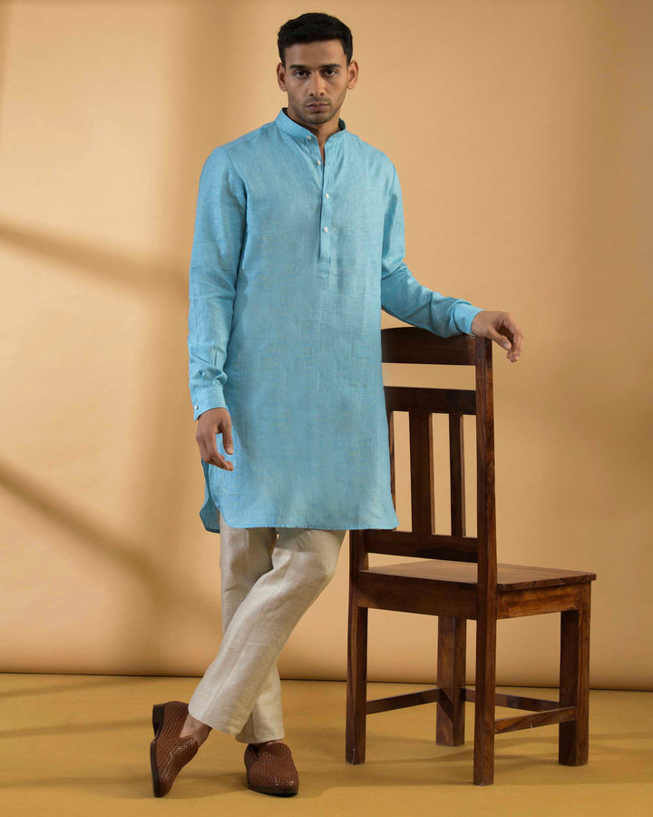 Aquamarine Blue - 100% Linen Kurta