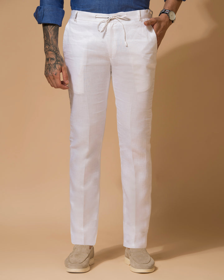 100% LINEN - DRAWSTRING TROUSERS - WHITE