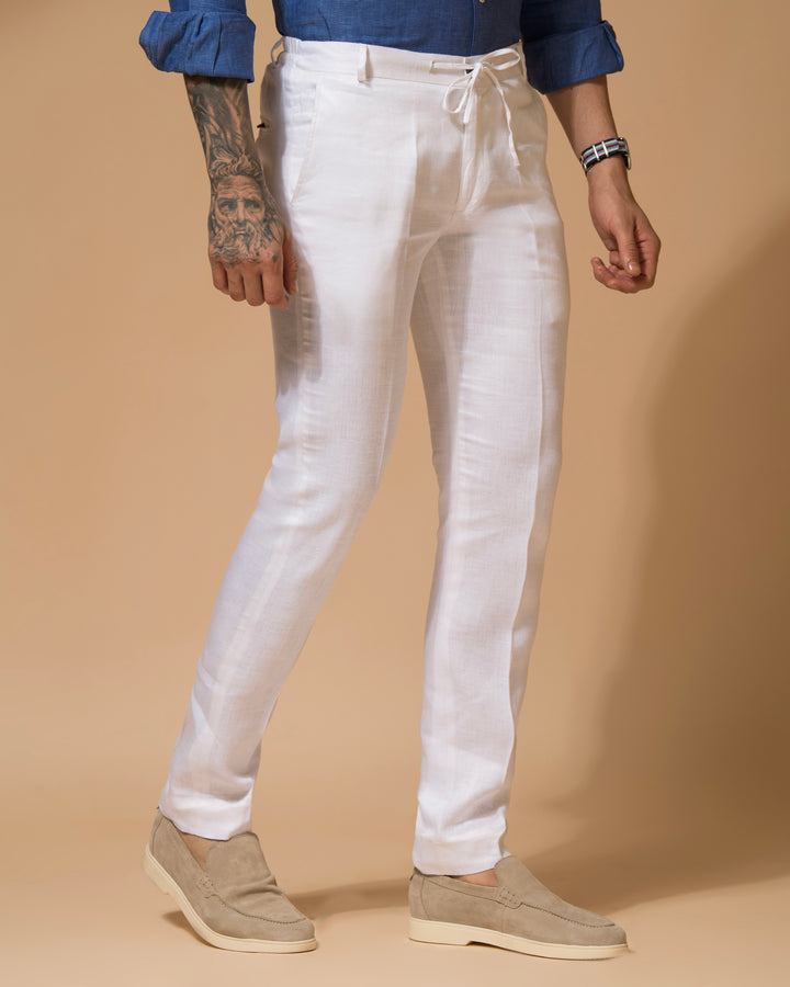 100% LINEN - DRAWSTRING TROUSERS - WHITE