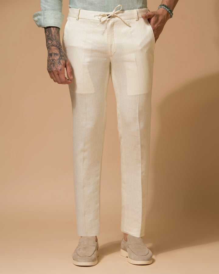 100% LINEN - DRAWSTRING TROUSERS - CREAM