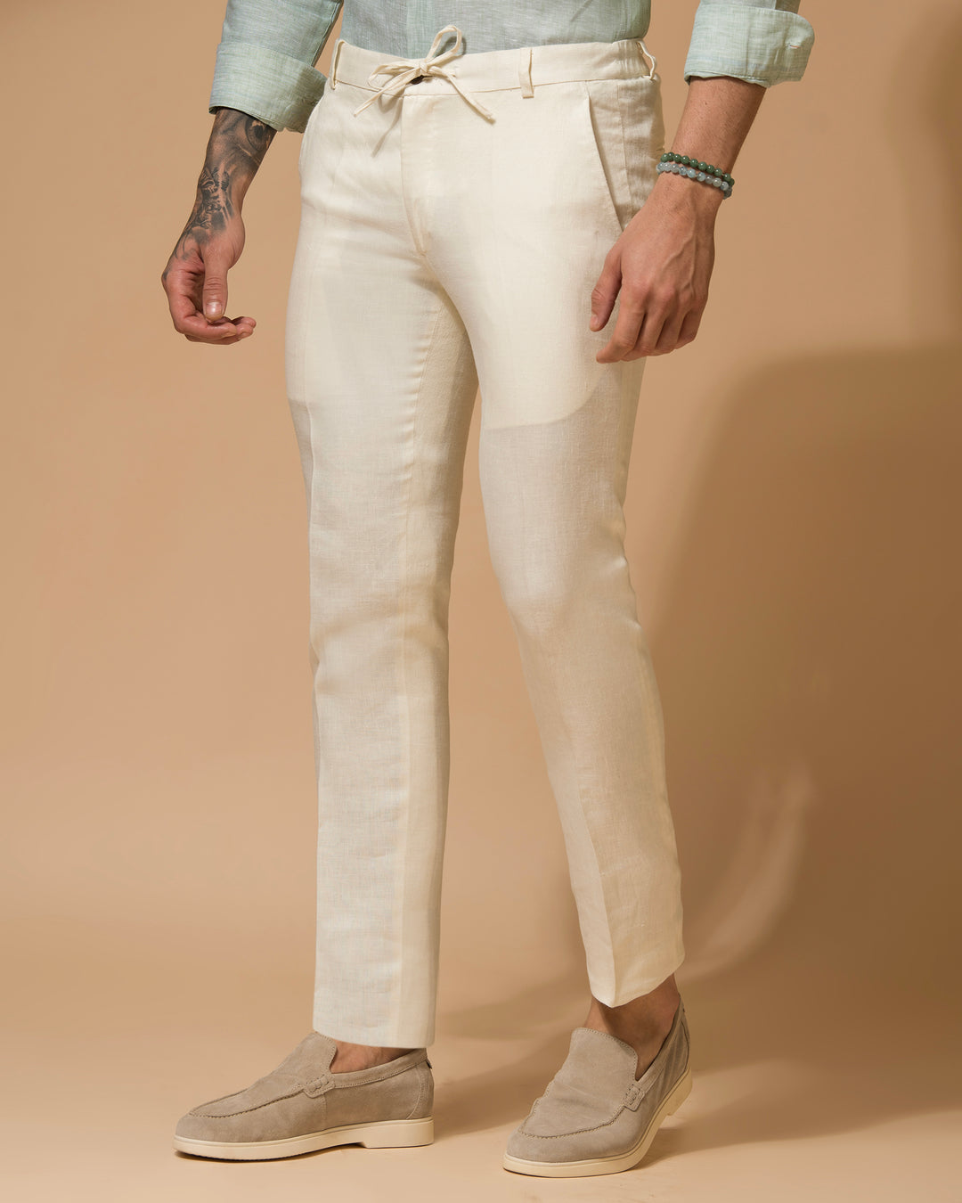 100% LINEN - DRAWSTRING TROUSERS - CREAM