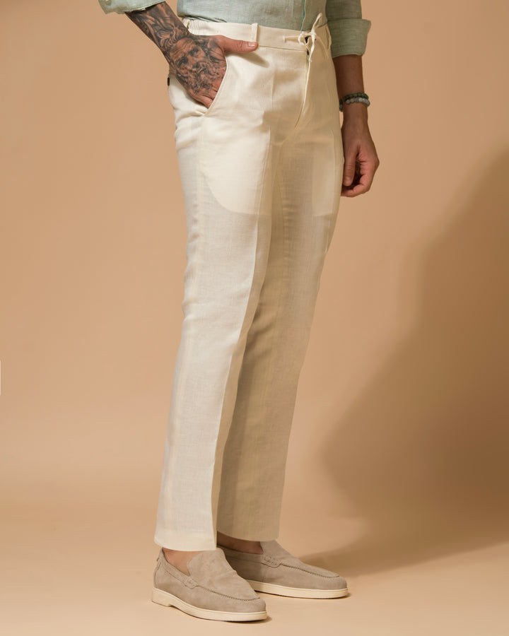 100% LINEN - DRAWSTRING TROUSERS - CREAM