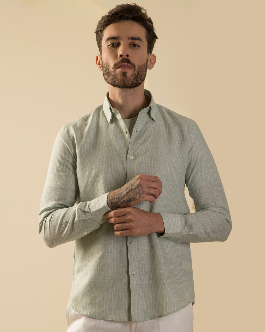 100% LINEN SHIRT-LIGHT PISTA GREEN