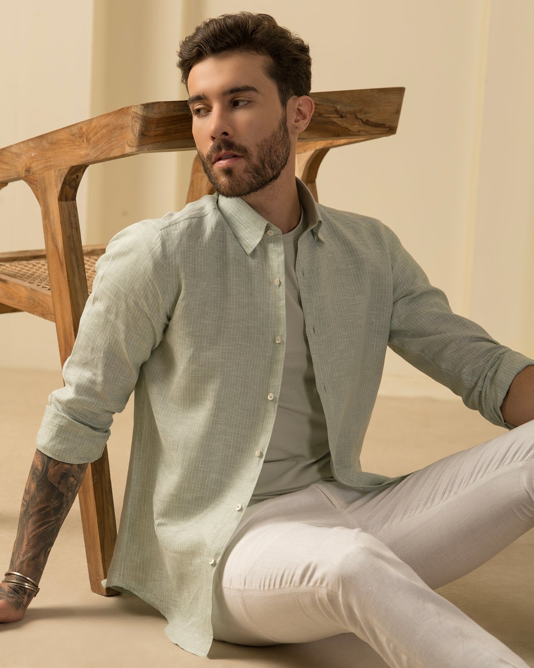 100% LINEN SHIRT-LIGHT PISTA GREEN